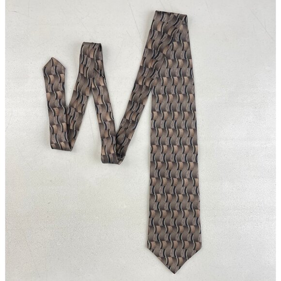Vintage Geometric Striped Silk Tie 1990s Embossed Necktie Brown/Taupe/Black Con - Picture 2 of 3